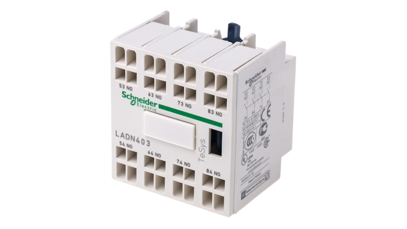 Schneider Electric Auxiliary Contact Block, 4 Contact, 4NO, Snap-On LADN