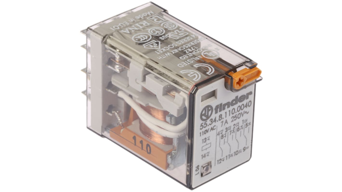 Finder Plug In Power Relay, 110V ac Coil, 7A Switching Current, 4PDT