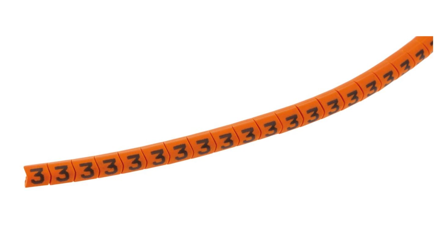 HellermannTyton Helagrip Kabel-Markierer, aufsteckbar, Beschriftung: 3, Schwarz auf Orange, Ø 1mm - 3mm, 3.5mm x 3,3