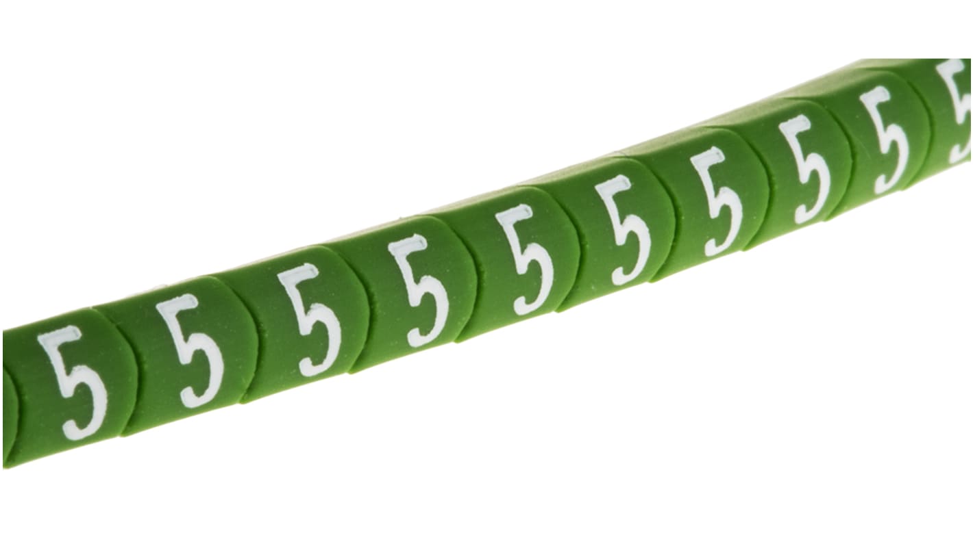 HellermannTyton Helagrip Slide On Cable Markers, White on Green, Pre-printed "5", 1 → 3mm Cable