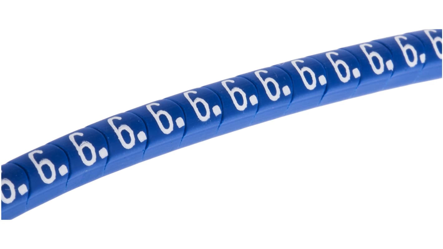 HellermannTyton Helagrip Slide On Cable Markers, White on Blue, Pre-printed "6", 1 → 3mm Cable, 901-10273