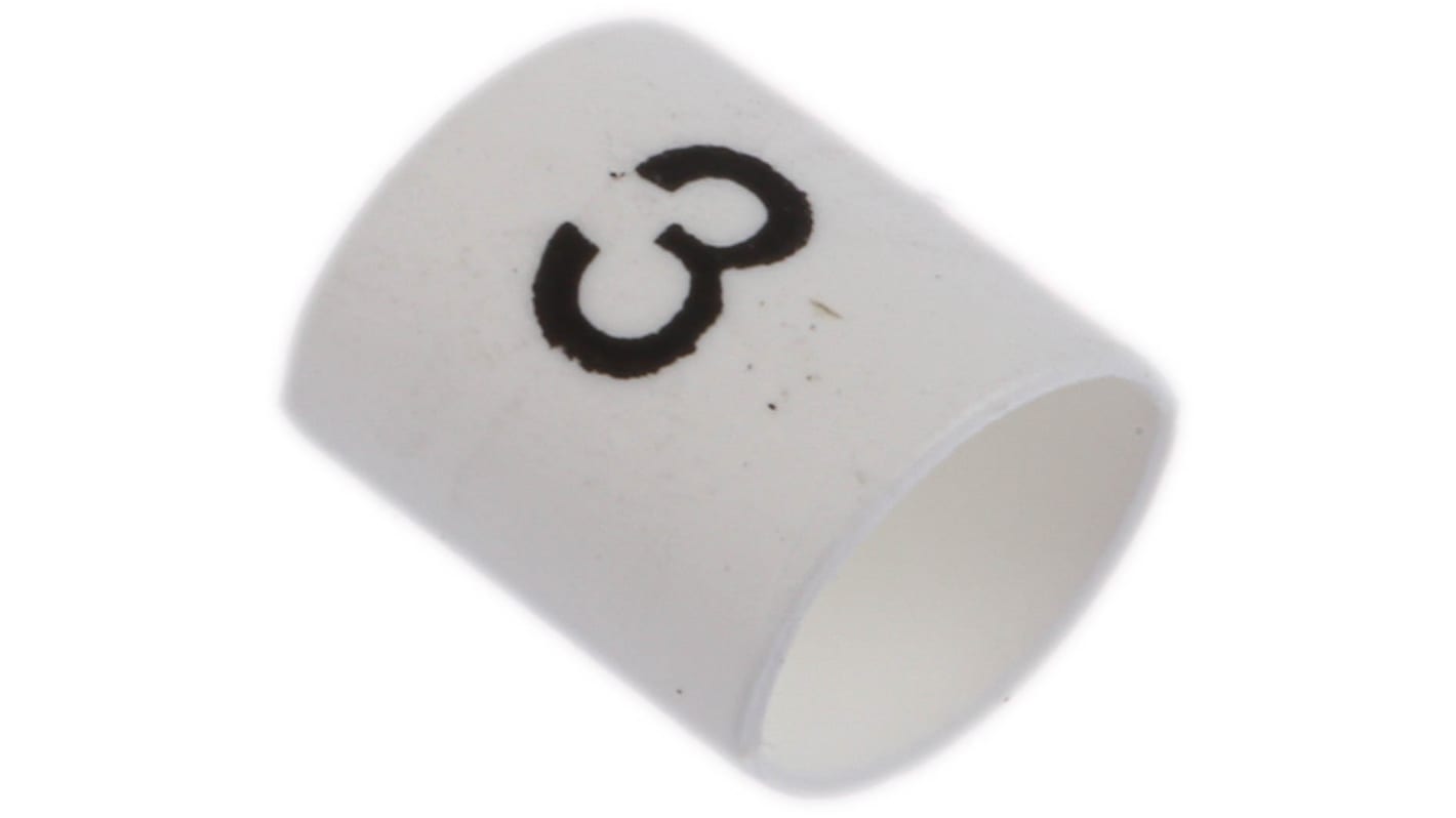 TE Connectivity Heat Shrink Cable Markers, White, Pre-printed "3", 1 → 3mm Cable, TRSA-1019/C/1/3