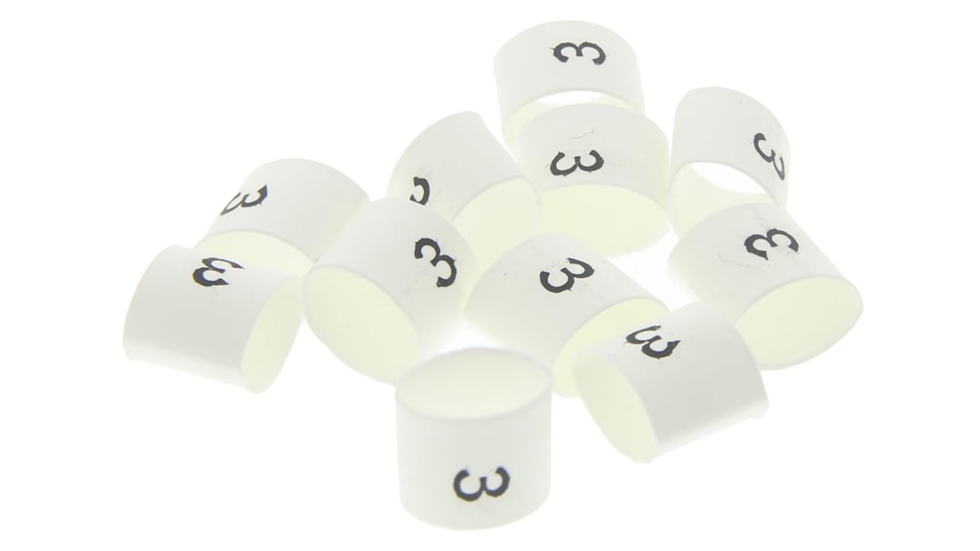TE Connectivity Heat Shrink Cable Markers, White, Pre-printed "3", 2 → 6mm Cable, TRSA-1019/E/1/3