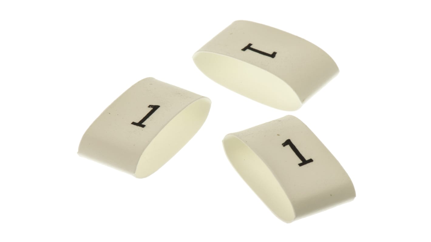TE Connectivity Heat Shrink Cable Markers, White, Pre-printed "1", 4 → 12mm Cable, TRSA-1019/G/1/1