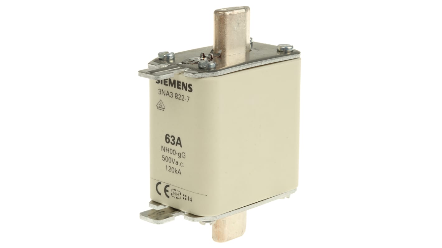 Siemens NH 熔断器, 63A, 500V 交流, NH00尺寸, 主体长54mm, 总长80mm, gG类应用, 中心方向插片, 高分断能力