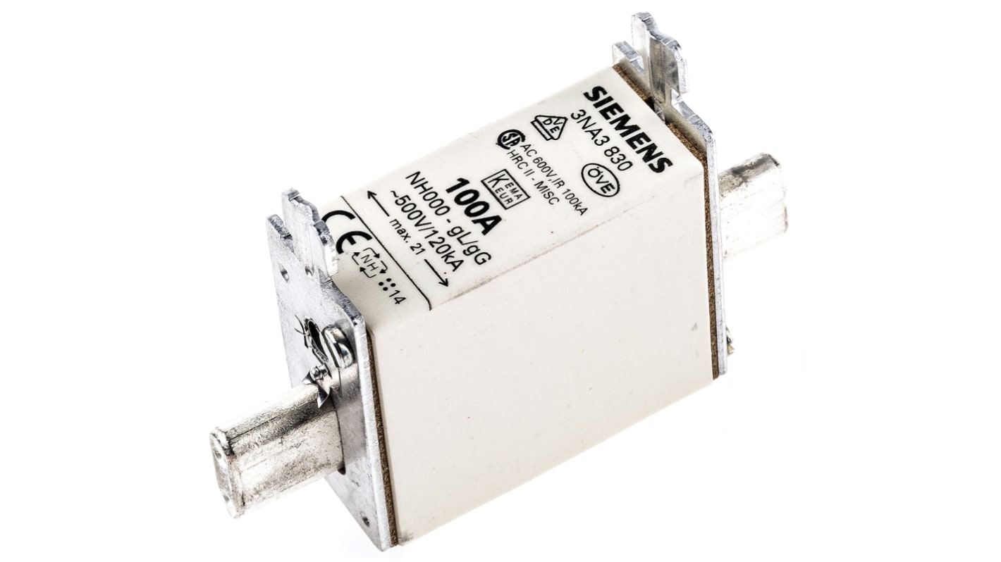 Siemens NH 熔断器, 100A, 500V 交流, NH000尺寸, 主体长49.7mm, 总长77.8mm, gG类应用, 中心方向插片, 高分断能力, 3NA3系列