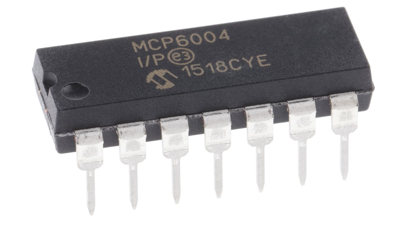 MCP6004-I/P Microchip, Op Amp, RRIO, 1MHz, 3 V, 5 V, 14-Pin PDIP