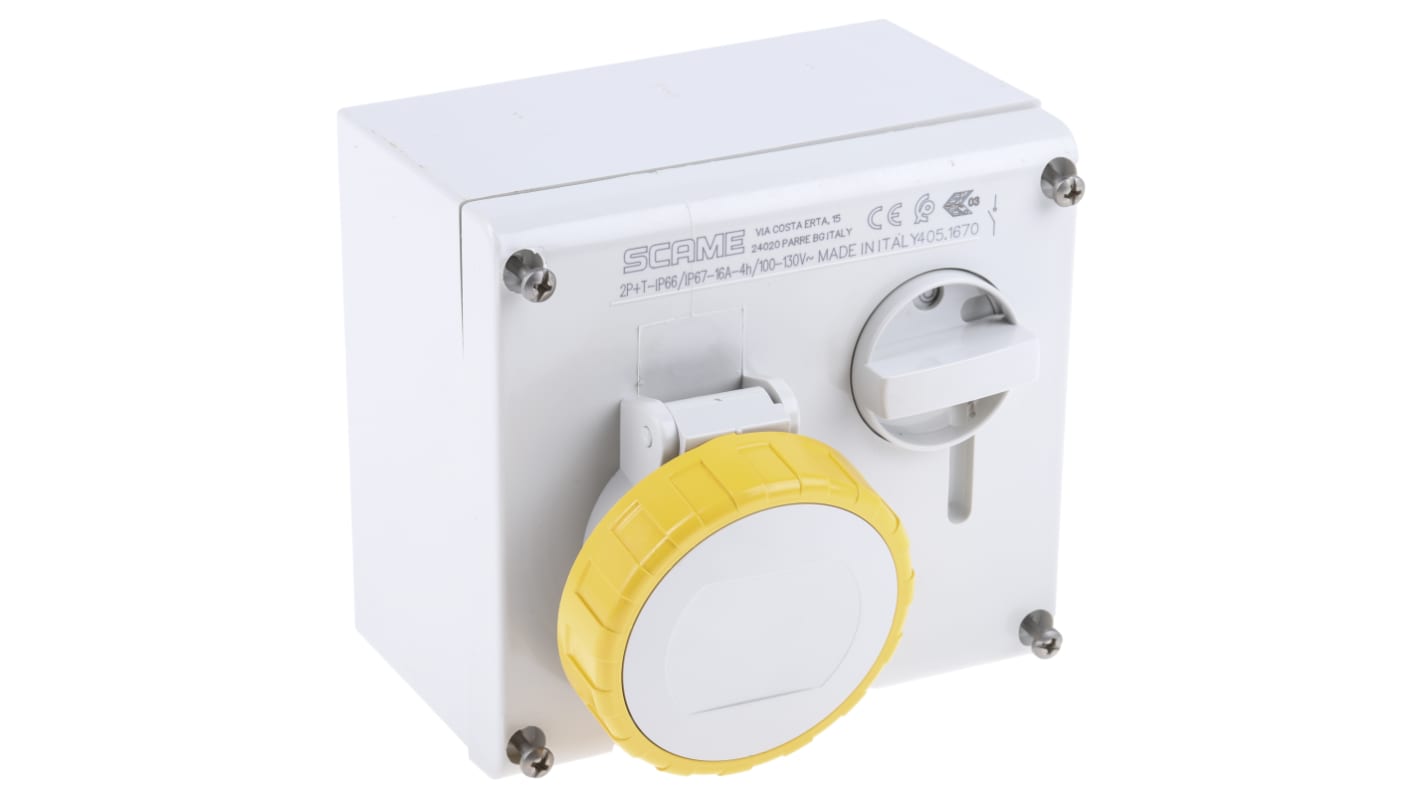 Scame Right Angle Switchable IP66, IP67 Industrial Interlock Socket 2P+E, Earthing Position 4h, 16A, 130 V