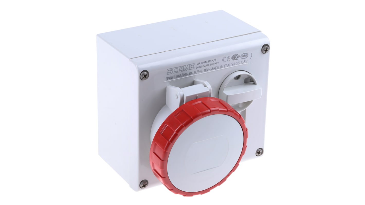 Scame Horizontal Switchable IP66, IP67 Industrial Interlock Socket 3PN+E, Earthing Position 6h, 16A, 415 V