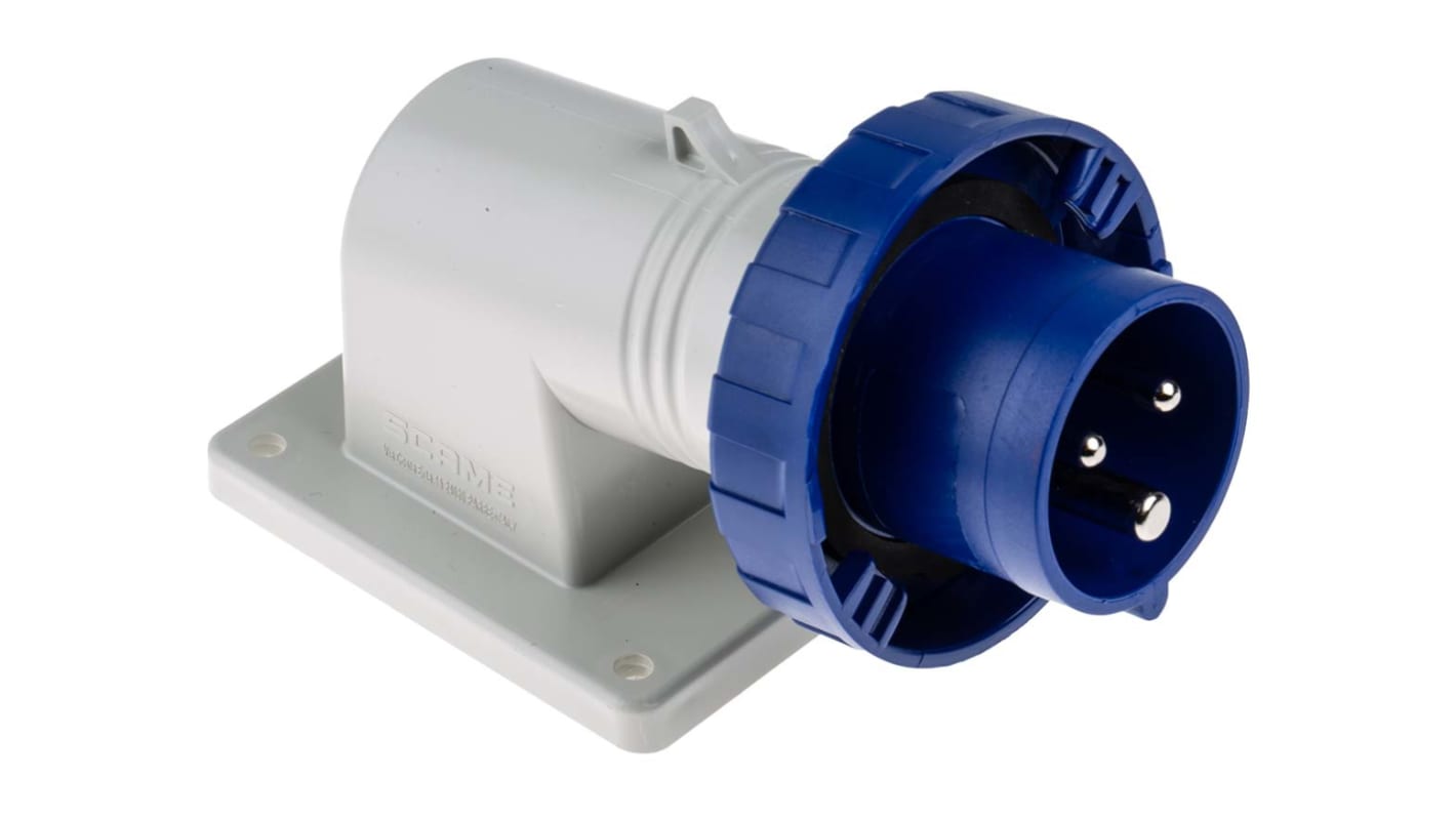 Scame IP66, IP67 Blue Wall Mount 2P + E Right Angle Industrial Power Plug, Rated At 16A, 230 V