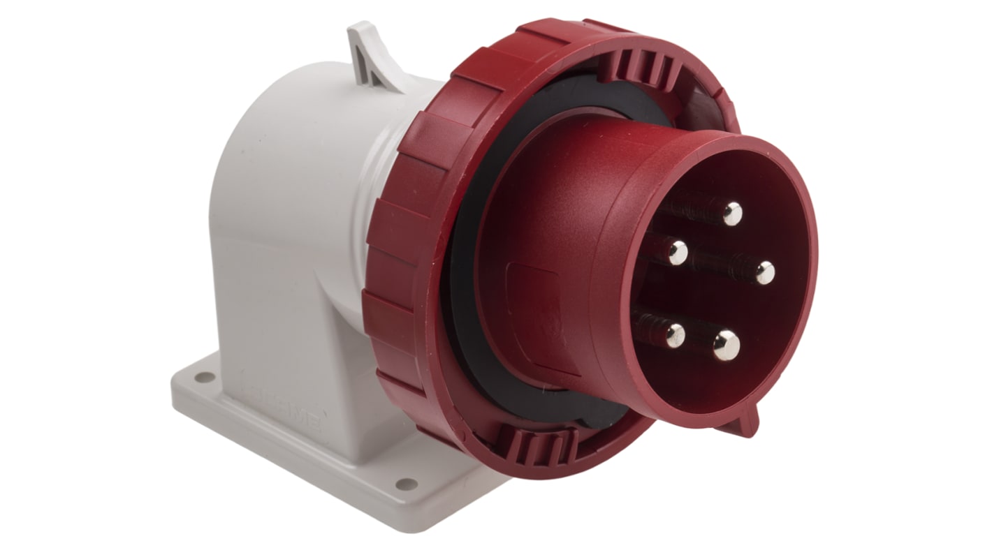 Scame IP66, IP67 Red Wall Mount 3P + N + E Right Angle Industrial Power Plug, Rated At 32A, 415 V