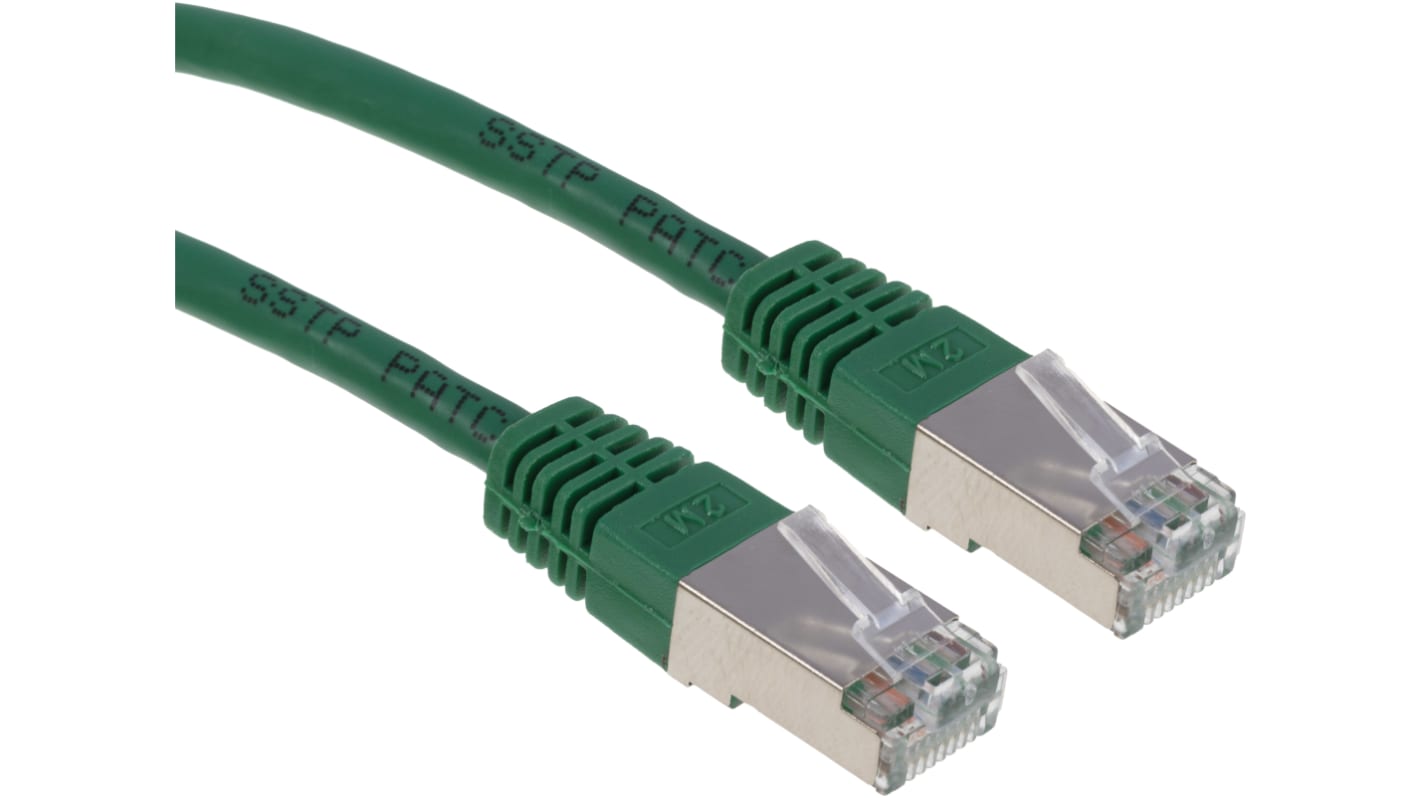 RS PRO, 2m Cat6, Green RJ45 to Male RJ45 Male, S/FTP Shielded, Terminated PVC Sheath
