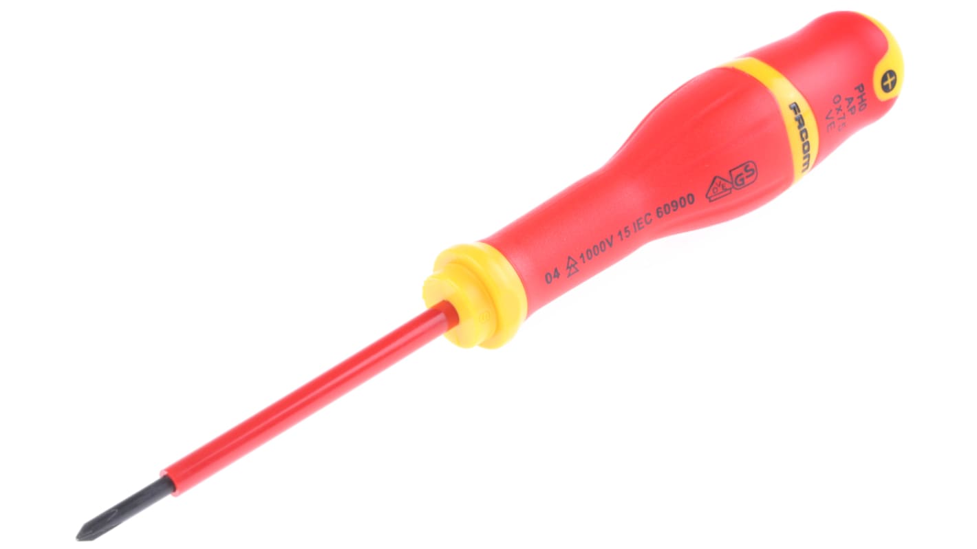 Facom Phillips Insulated Screwdriver, PH0 Tip, 75 mm Blade, VDE/1000V, 179 mm Overall