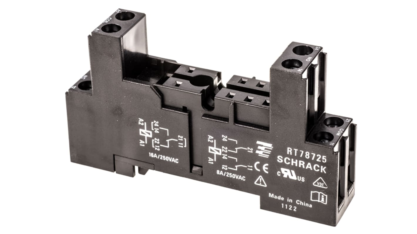 TE Connectivity 继电器底座, 16A, 240V 交流, 8触点, DIN导轨安装, 适用于RT 系列工业电源继电器