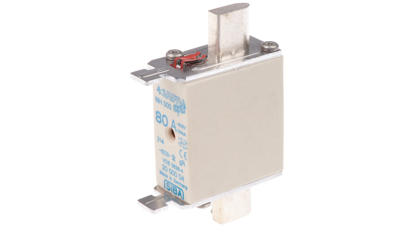 SIBA FF类NH 熔断器, 80A, 500V 交流, NH000尺寸, 主体长54mm, 总长78mm, gR类应用, 中心方向插片, 高分断能力