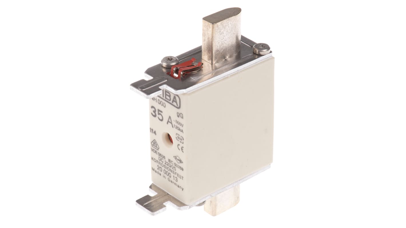 SIBA FF类刀型触头熔断器, 35A, 500V 交流, NH000尺寸, 主体长54mm, 总长78mm, gG类应用, 中心方向插片, 高分断能力