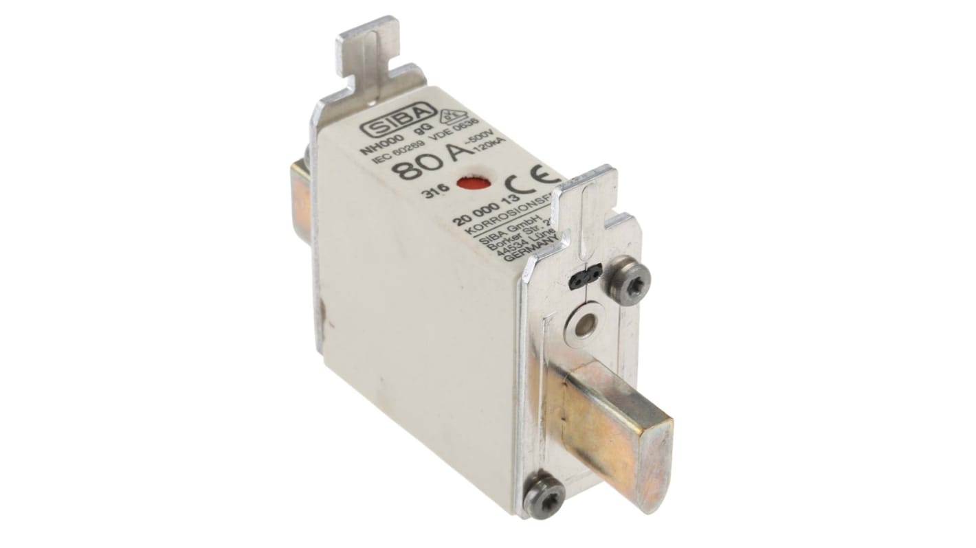 SIBA FF类NH 熔断器, 80A, 500V 交流, NH000尺寸, 主体长54mm, 总长78mm, gG类应用, 中心方向插片, 高分断能力