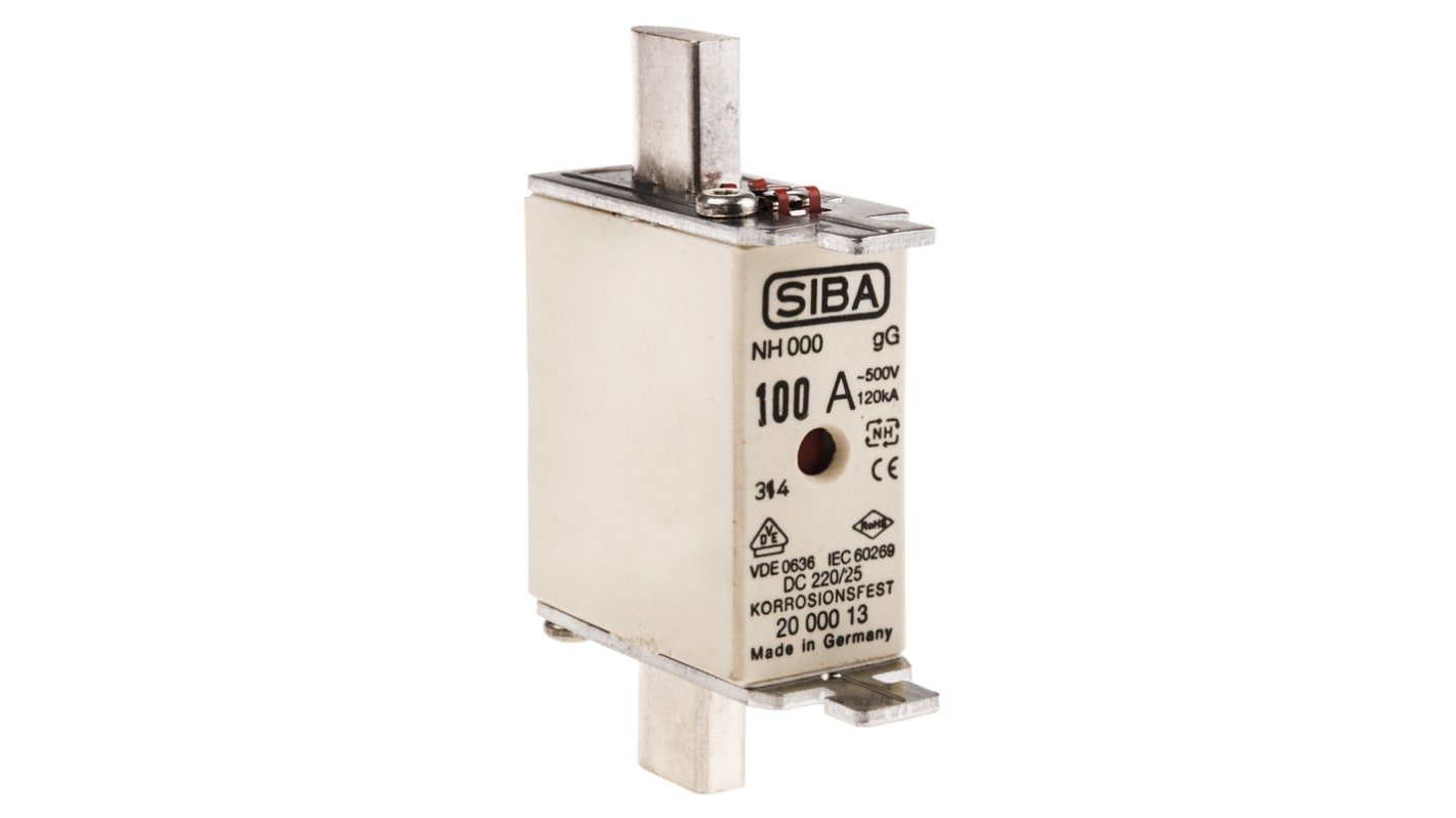 SIBA NH 熔断器, 100A, 500V 交流, NH000尺寸, 主体长54mm, 总长78mm, gG类应用, 中心方向插片, 高分断能力, NH系列
