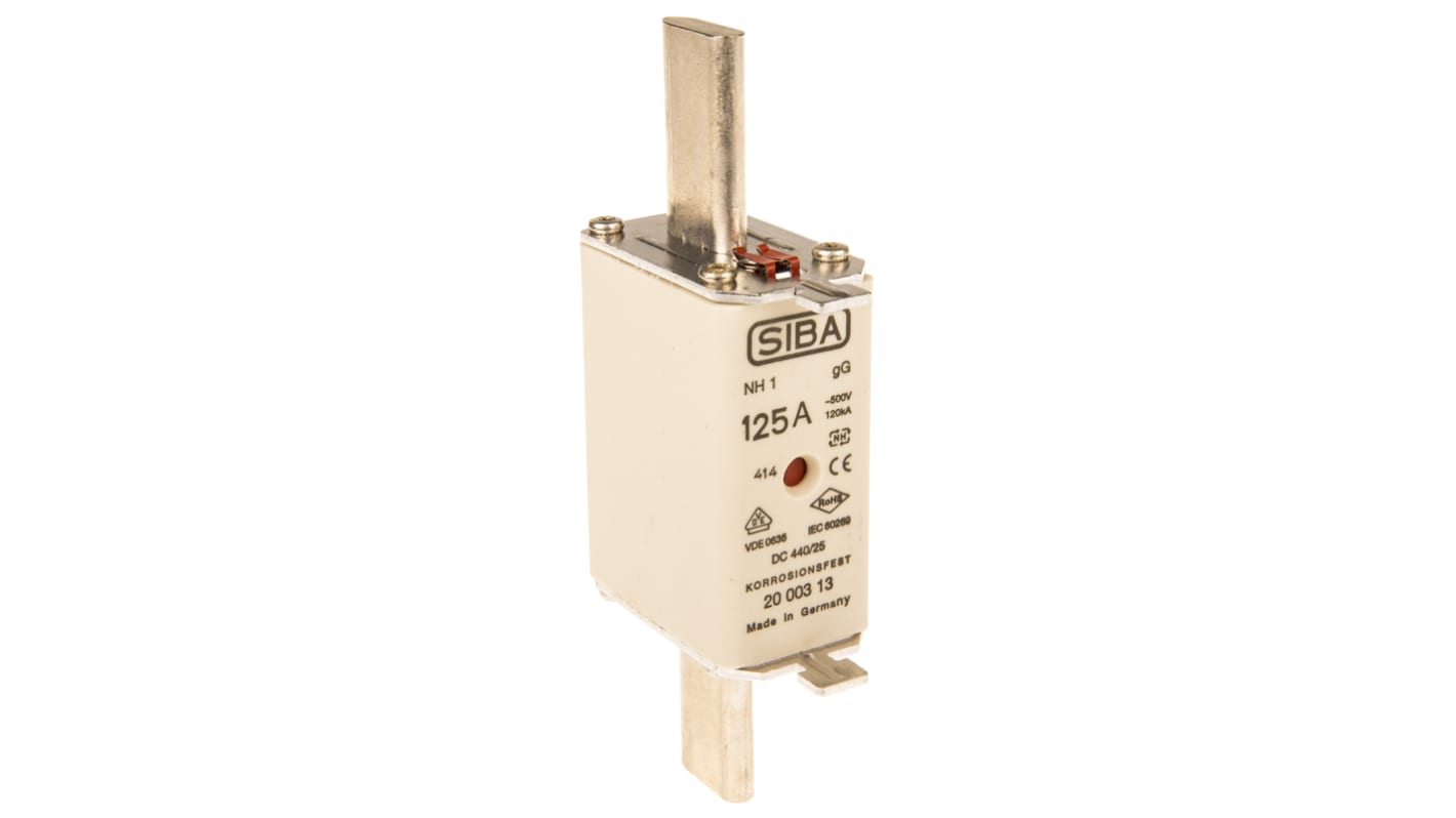 SIBA 刀型触头熔断器, 125A, 500V 交流, NH1尺寸, 主体长75mm, 总长135mm, gG类应用, 中心方向插片, 高分断能力, NH系列