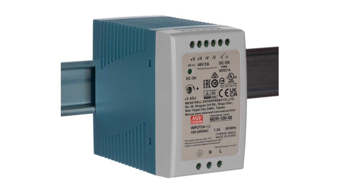 MEAN WELL MDR Switched Mode DIN Rail Power Supply, 85 → 264V ac ac Input, 48V dc dc Output, 2A Output, 100W