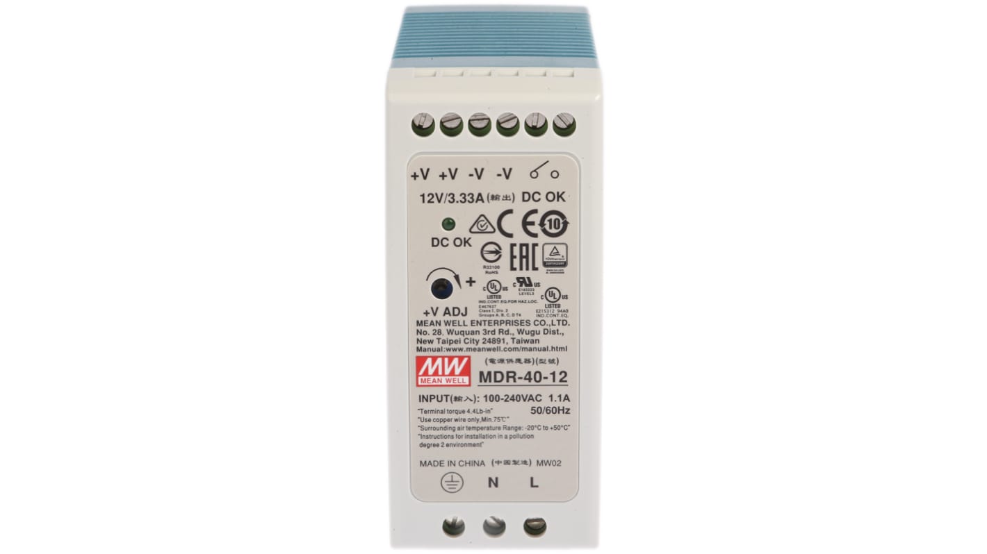 MEAN WELL MDR Switched Mode DIN Rail Power Supply, 85 → 264V ac ac Input, 12V dc dc Output, 3.33A Output, 40W