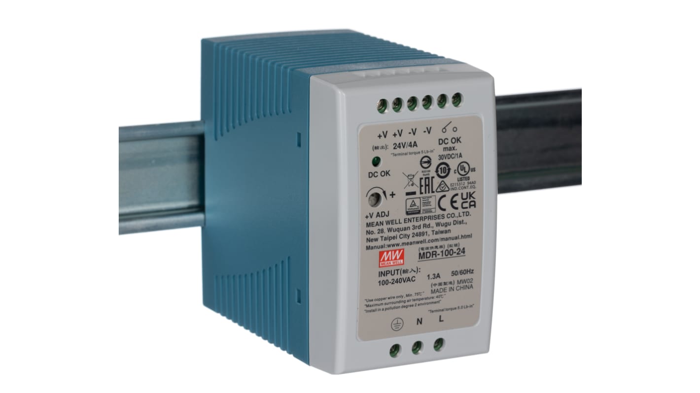 MEAN WELL MDR Switched Mode DIN Rail Power Supply, 85 → 264V ac ac Input, 24V dc dc Output, 4A Output, 100W