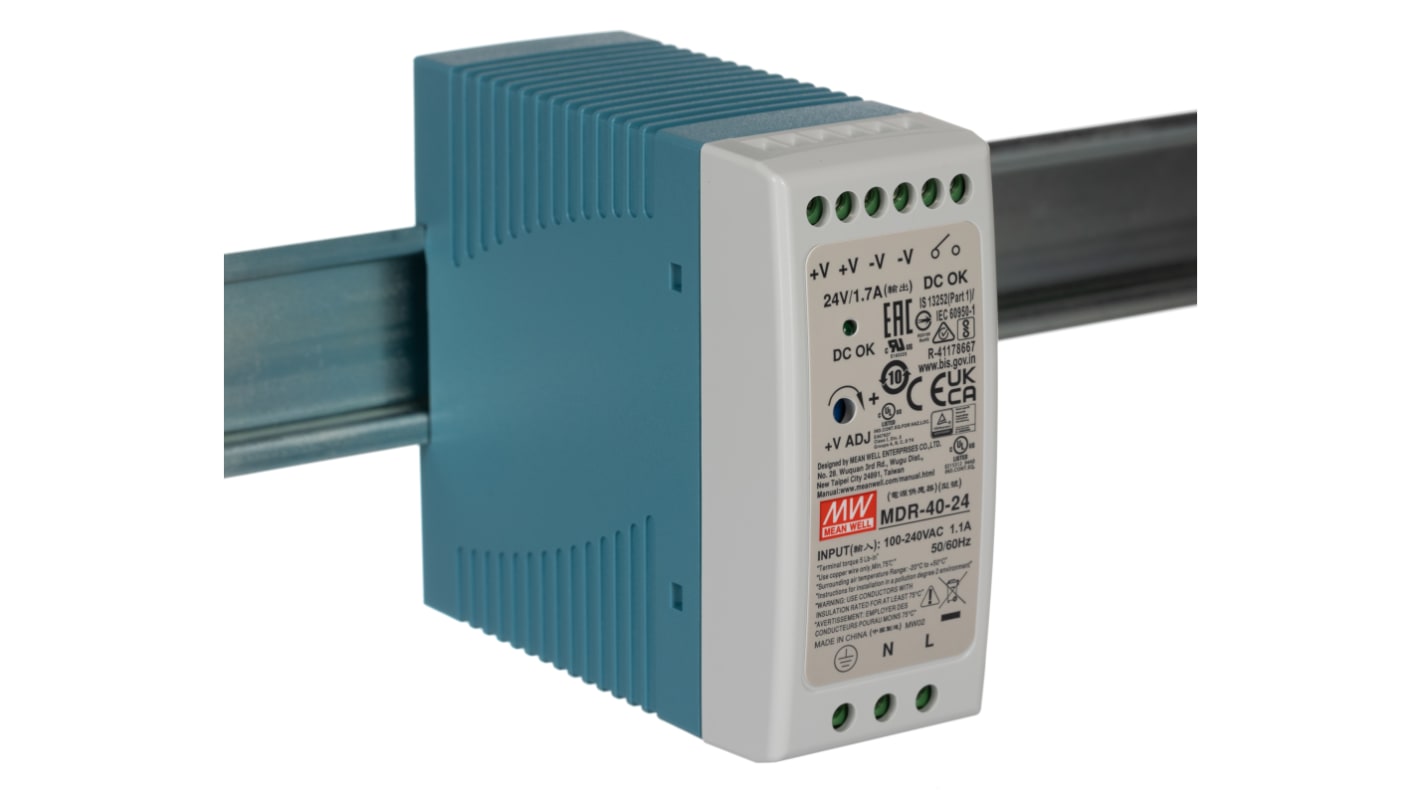 MEAN WELL MDR Switched Mode DIN Rail Power Supply, 85 → 264V ac ac Input, 24V dc dc Output, 1.7A Output, 40W