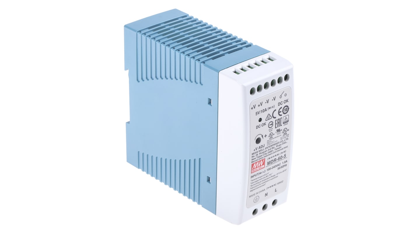 MEAN WELL MDR Switched Mode DIN Rail Power Supply, 85 → 264V ac ac Input, 5V dc dc Output, 10A Output, 60W