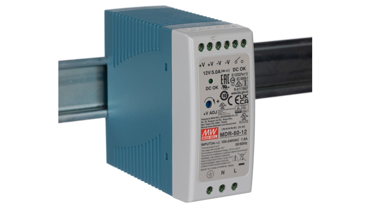 MEAN WELL MDR Switched Mode DIN Rail Power Supply, 85 → 264V ac ac Input, 12V dc dc Output, 5A Output, 60W