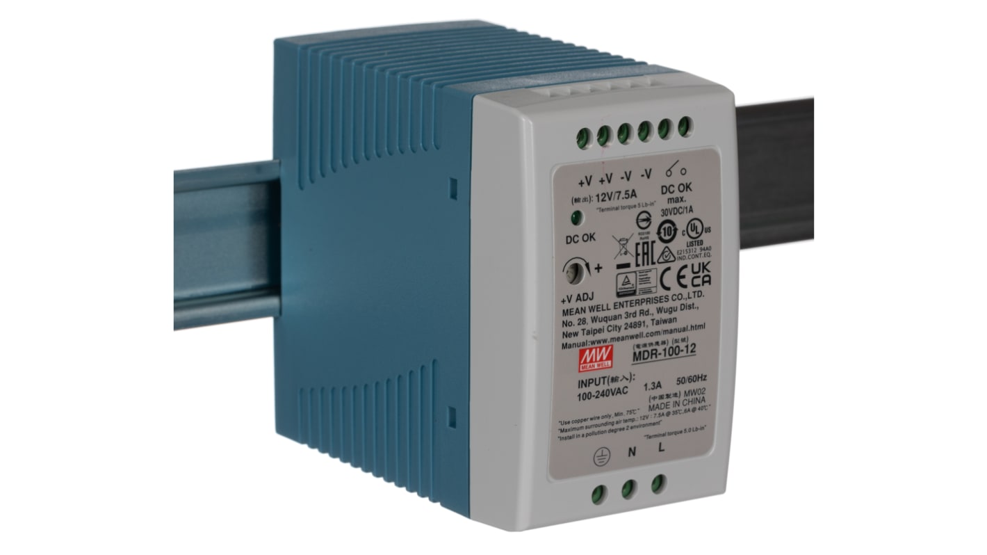 MEAN WELL MDR Switched Mode DIN Rail Power Supply, 85 → 264V ac ac Input, 12V dc dc Output, 7.5A Output, 100W