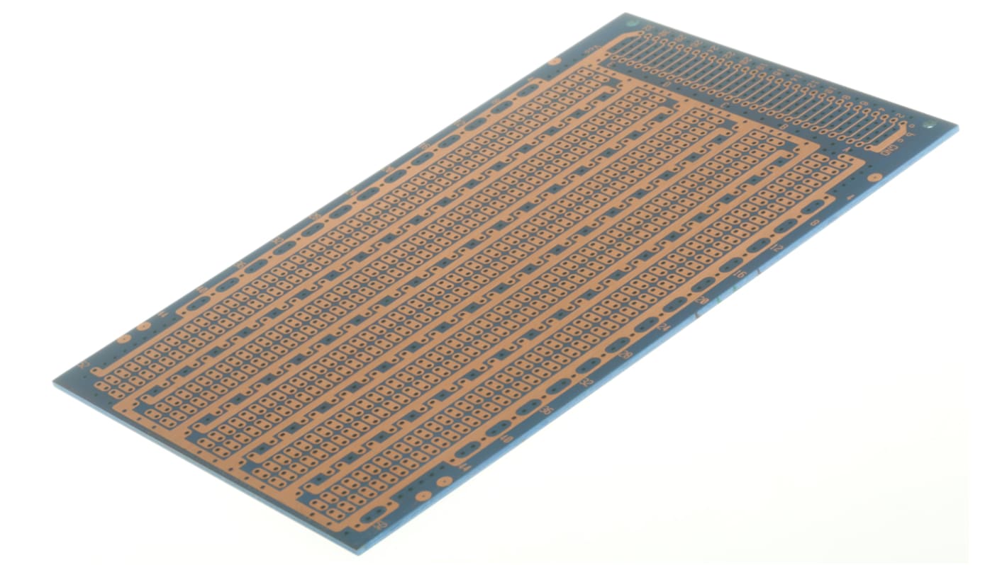 10-0581, Single Sided Eurocard PCB FR2 With 53 x 5 1.02mm Holes, 2.54 x 2.54mm Pitch, 100 x 160 x 1.6mm