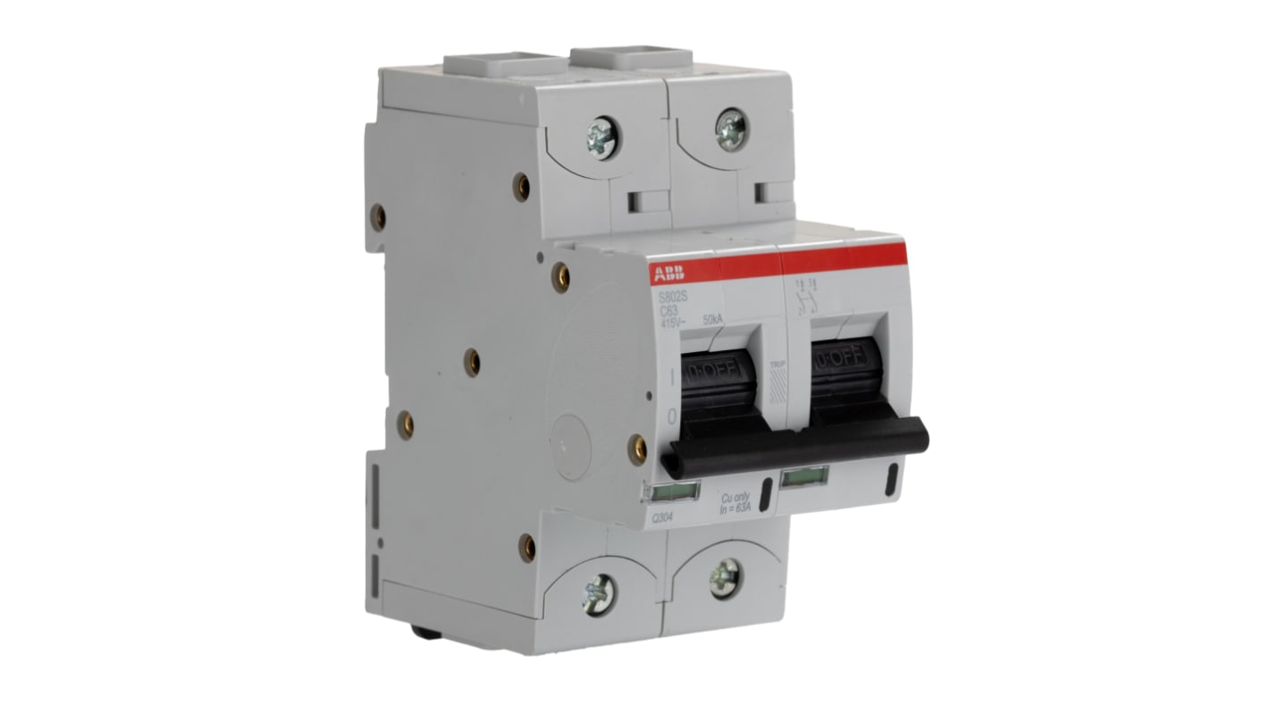ABB C型MCB, 2极, 50 kA分断, 63A, 400VAC, 250VDC, S800S系列 S802S-C63