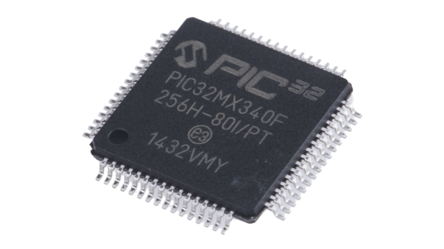 Microchip PIC32MX340F256H-80I/PT, 32bit PIC Microcontroller, PIC32MX, 80MHz, 12 kB, 256 kB Flash, 64-Pin TQFP