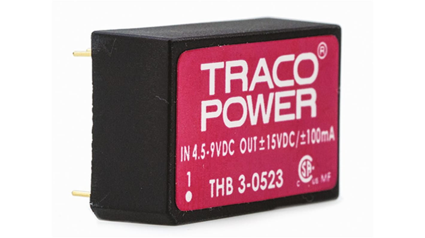TRACOPOWER THB 3 DC-DC Converter, ±15V dc/ ±100mA Output, 4.5 → 9 V dc Input, 3W, Through Hole, +85°C Max Temp