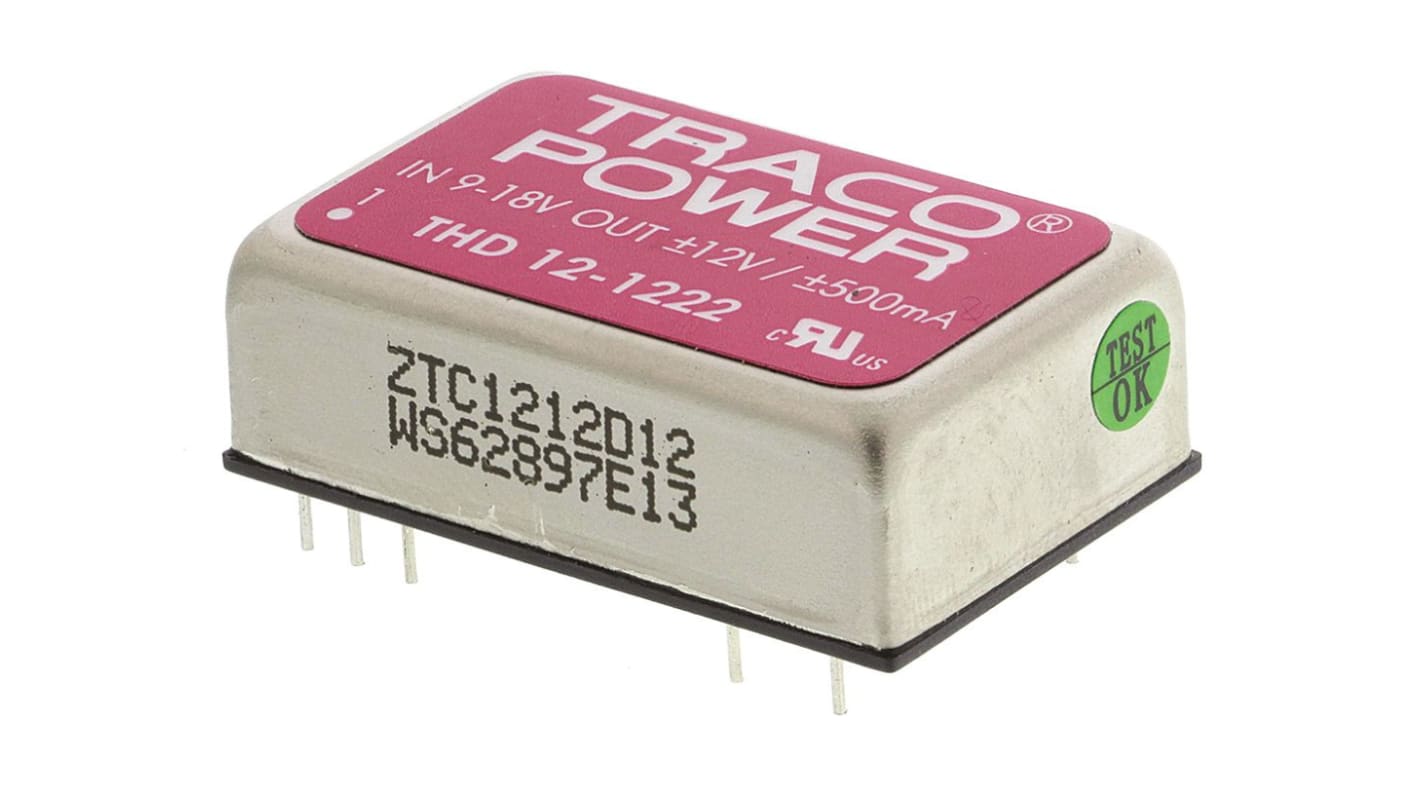 TRACOPOWER THD 12 DC-DC Converter, ±12V dc/ ±500mA Output, 9 → 18 V dc Input, 12W, Through Hole, +85°C Max Temp