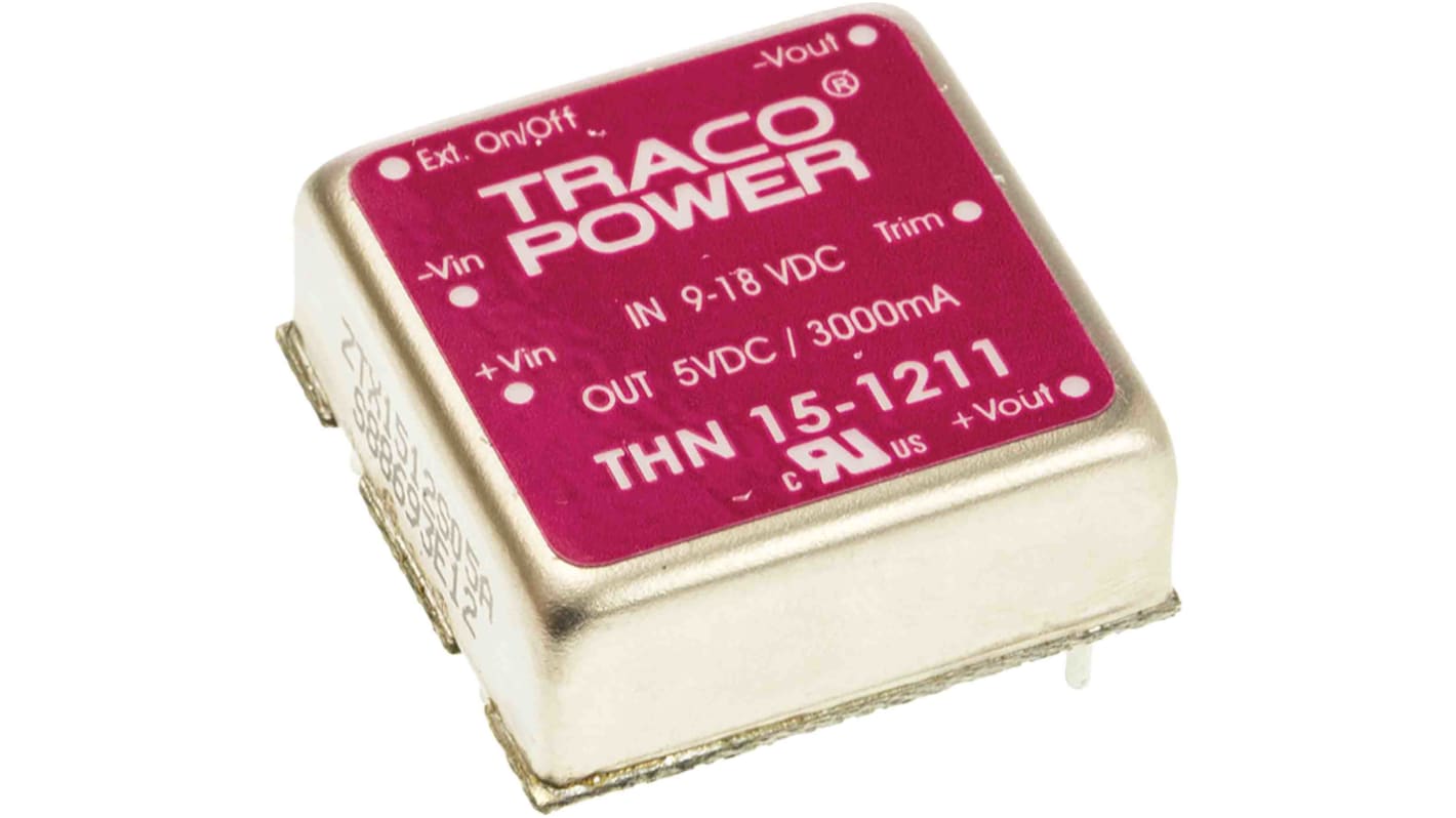TRACOPOWER THN 15 DC-DC Converter, 5V dc/ 3A Output, 9 → 18 V dc Input, 15W, Through Hole, +85°C Max Temp -40°C