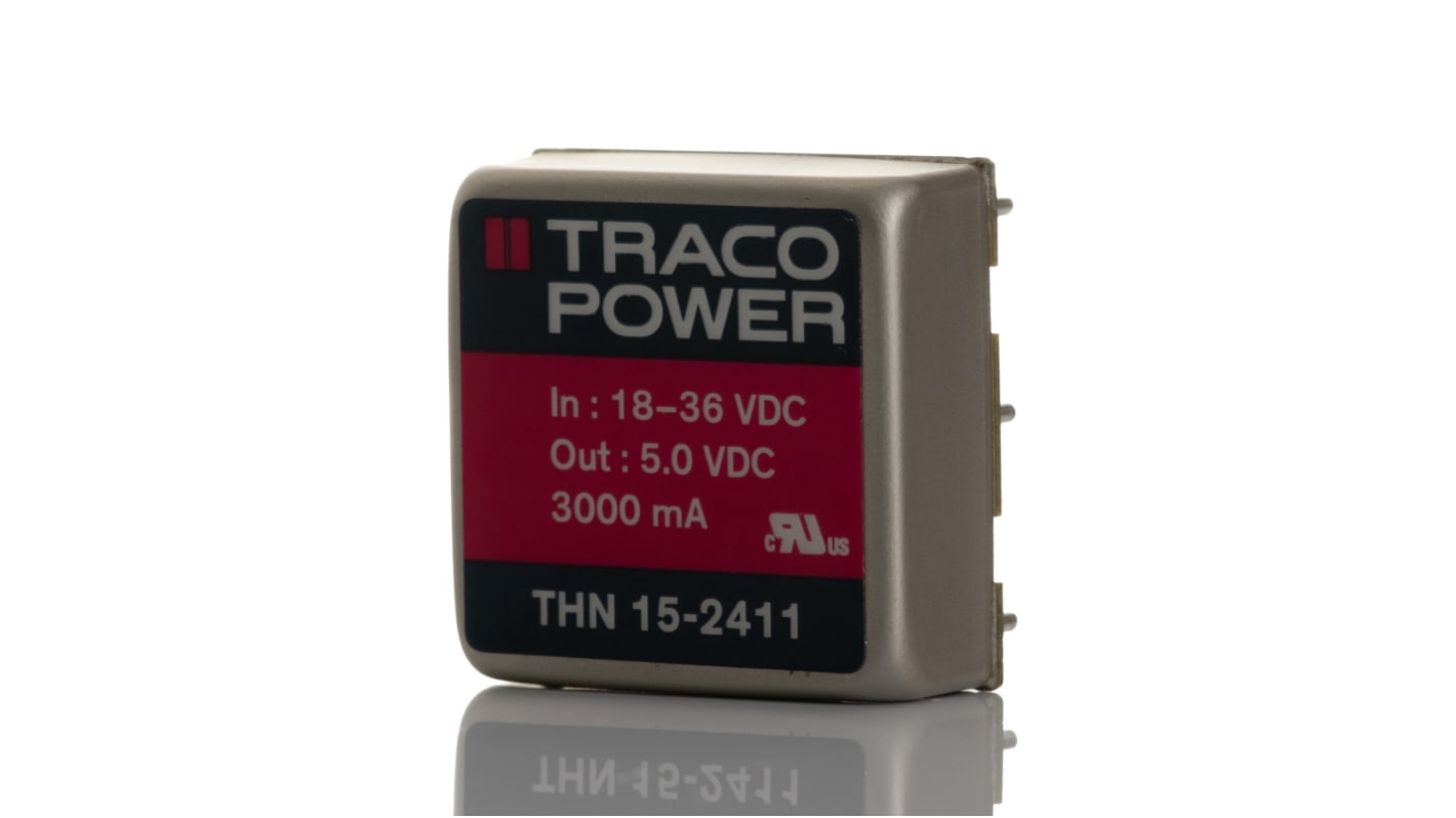 TRACOPOWER THN 15 DC-DC Converter, 5V dc/ 3A Output, 18 → 36 V dc Input, 15W, Through Hole, +85°C Max Temp -40°C