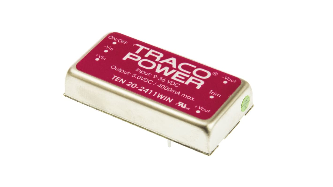 TRACOPOWER TEN 20WIN DC-DC Converter, 5V dc/ 4A Output, 9 → 36 V dc Input, 20W, Through Hole, +85°C Max Temp