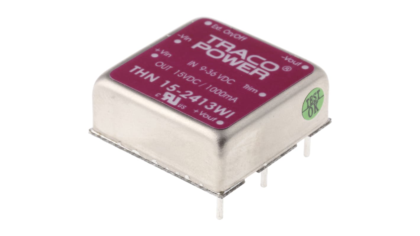 TRACOPOWER THN 15WI DC-DC Converter, 15V dc/ 1A Output, 9 → 36 V dc Input, 15W, Through Hole, +85°C Max Temp