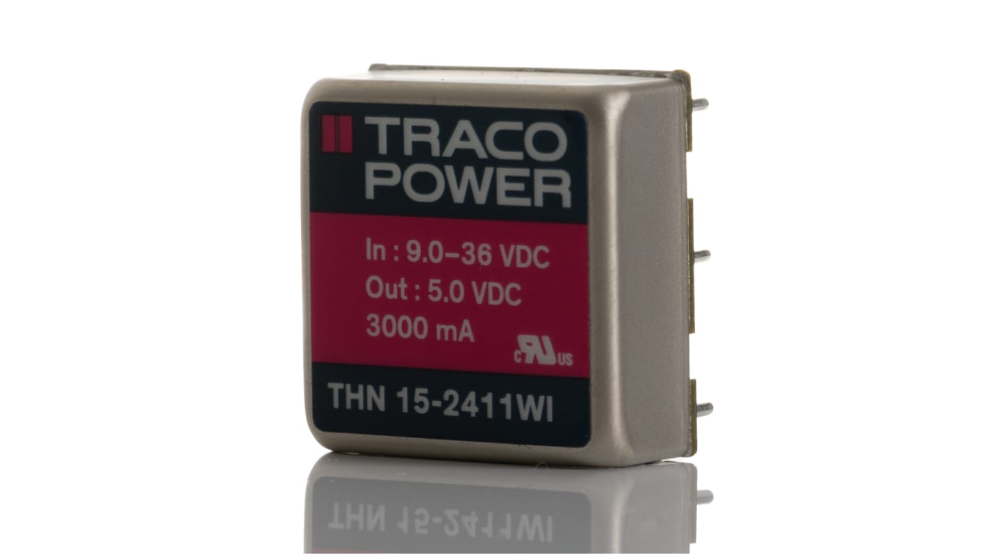 TRACOPOWER THN 15WI DC-DC Converter, 5V dc/ 3A Output, 9 → 36 V dc Input, 15W, Through Hole, +85°C Max Temp