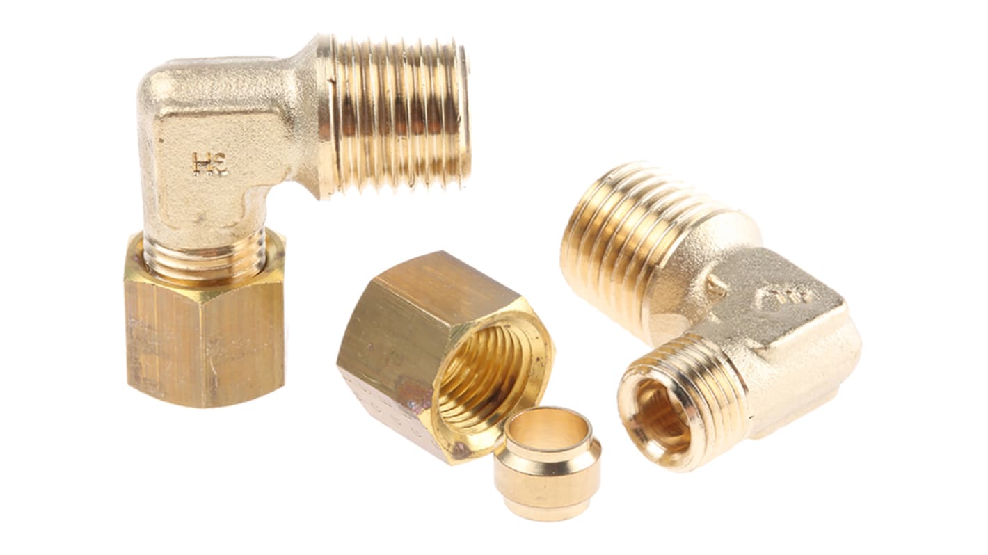 Legris Brass Pipe Fitting, 90° Compression Elbow, Male R 1/4in to Female 6mm