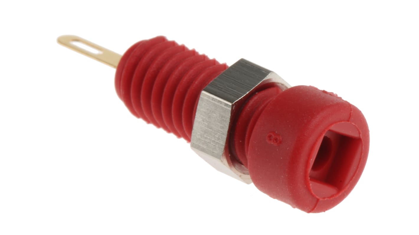Hirschmann 2mm香蕉插座, 红色, 60V 直流, 6A, 焊接式, 21mm长, 镀金，镍