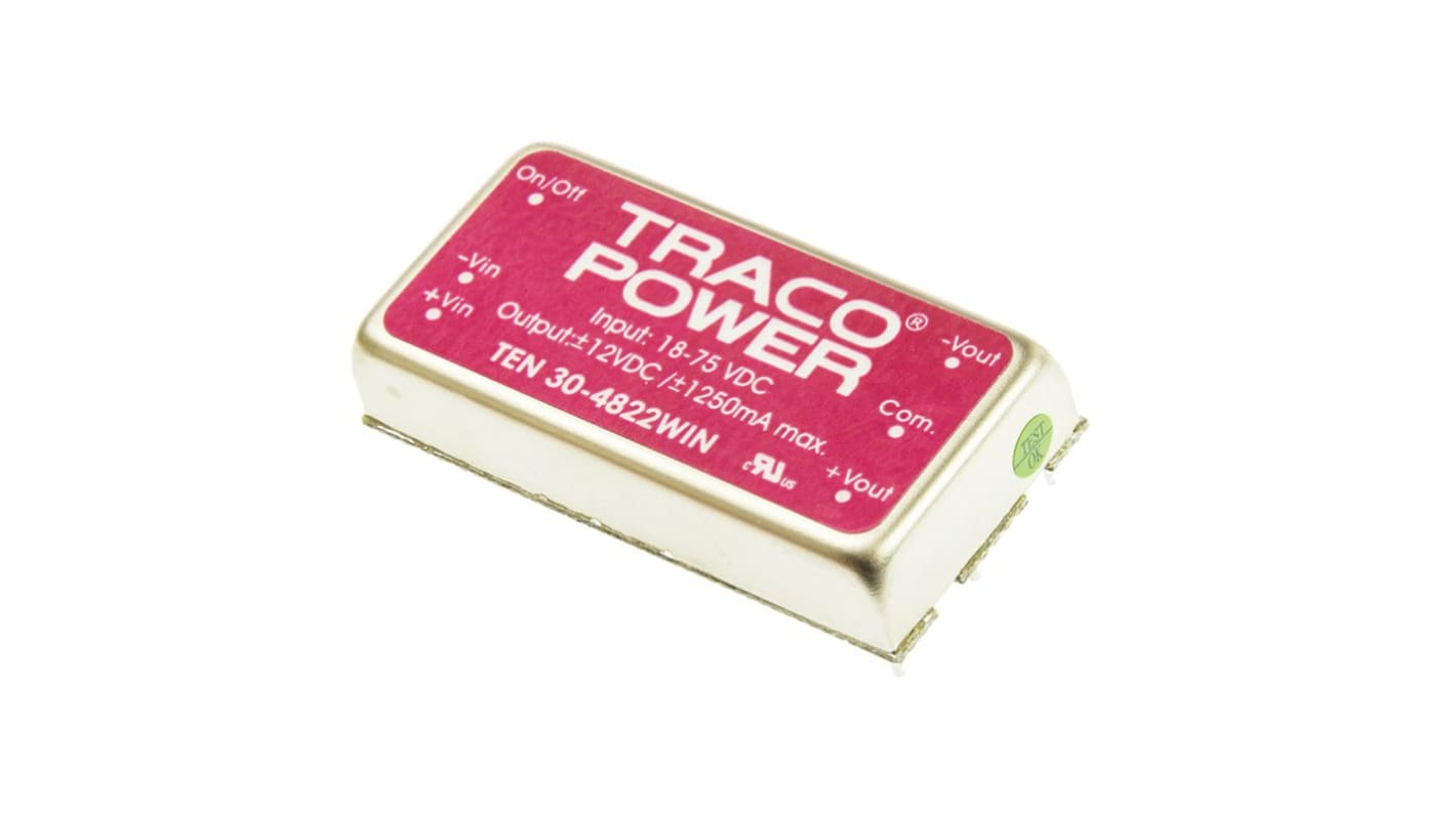 TRACOPOWER TEN 30WIN DC-DC Converter, ±12V dc/ 1.25A Output, 18 → 75 V dc Input, 30W, Through Hole, +75°C Max