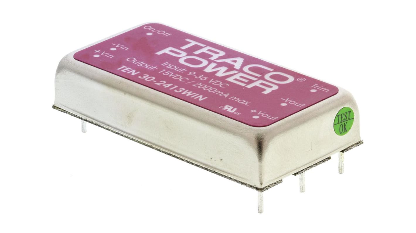 TRACOPOWER TEN 30WIN DC-DC Converter, 15V dc/ 2A Output, 9 → 36 V dc Input, 30W, Through Hole, +75°C Max Temp