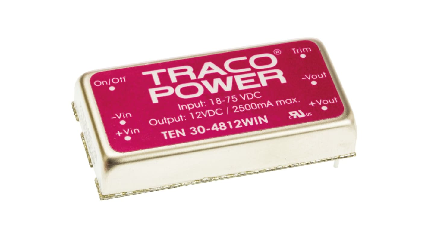 TRACOPOWER TEN 30WIN DC-DC Converter, 12V dc/ 2.5A Output, 18 → 75 V dc Input, 30W, Through Hole, +75°C Max Temp