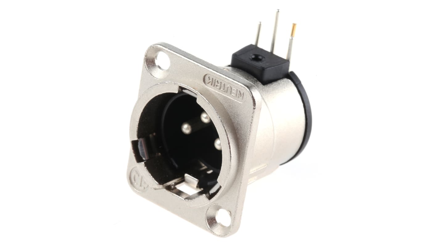 Neutrik Panel Mount XLR Connector, Right Angle, Male, 50 V, 3 Way, Silver over Nickel Plating