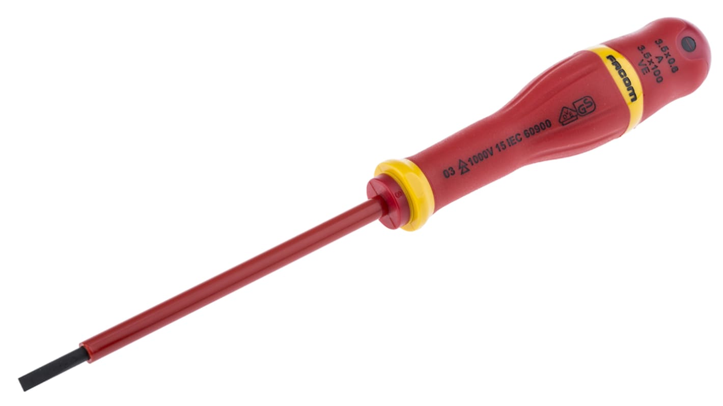 Facom Slotted Insulated Screwdriver, 3.5 x 0.6 mm Tip, 100 mm Blade, VDE/1000V, 204 mm Overall