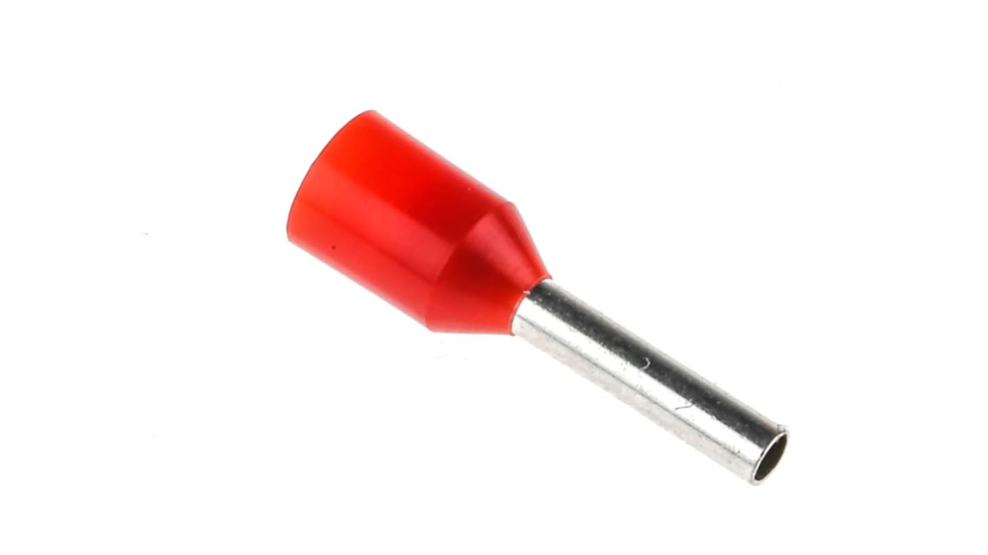 RS PRO Insulated Crimp Bootlace Ferrule, 8mm Pin Length, 1.4mm Pin Diameter, 1mm² Wire Size, Red