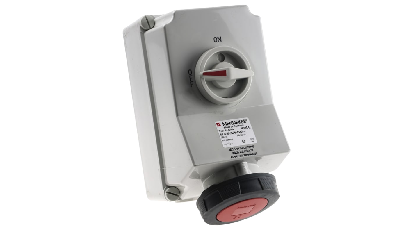 MENNEKES Switchable IP67 Industrial Interlock Socket 3P+E, Earthing Position 6h, 63A, 400 V