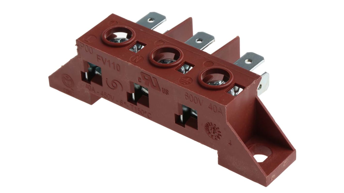RS PRO Non-Fused Terminal Block, 3-Way, 40A, 22 → 8 AWG Wire, Screw Down Termination